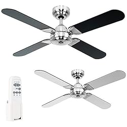 MiniSun - Ventilateur de Plafond de 106 cm Sans éclairage. Design Moderne en Combinaison de Nickel avec 4 Pales / Hélices Inversibles (Noir sur une face, Gris sur l'autre). Fourni Avec Une Télécommande Utile
