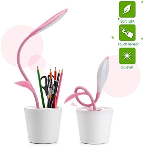 KANGVO® Flexible USB Touch LED Desk Lamp with 3-Level Dimmer and Decor Plant Pencil Holder,Multifunctional Sapling Pen Holder LED Desk Lamp For Bedroon,Office and Study (Pink)