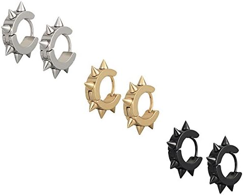 SHINEstyle Men Women Spikes Rivet Studded Surgical Stainless Steel Punk Spiky Round Huggie Hoop Earrings 3 Pairs