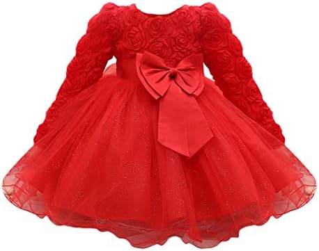 Infant Toddler Baby Girls Princess Dress,Sweet Flower Lace Bowknot Baby Girl Long Sleeve Princess Bridesmaid Pageant Gown Gauze Dress fleabane Skirt Birthday Party Wedding Dress(Red 0-6 Months)