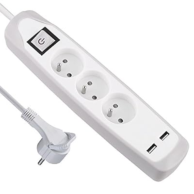 Electraline Gummy 35601 Bloc Multiprise 3 prises et 2 USB - couverture en silicone protection contre impacts - câble 2 mt - fiche plat