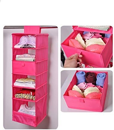 Caeser Archy Hanging Wardrobe Storage Shelves 6 Tier with 1 Drawer Collapsible Storage Bags Clothes Shoes Organiser(10*12*33 Inches) – Red