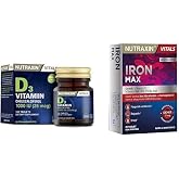 Nutraxin Vitals D3 فيتامين 1000 وحدة دولية 25 ميكروجرام 120 قرصًا مكمل غذائي و Nutraxin Iron Max 17 مجم 30 قرصًا - حديد، فيتامين سي