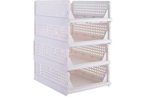 Paide P Organizador de Armario Apilable. Pack de 4 Cajas de Almacenaje para Ropa. Cajoneras de plástico plegable. Cajas Organizadoras Ahorra Espacio. (S-44x34x14)