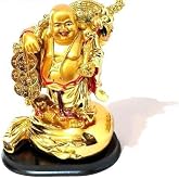 RIPE INDIA® Resin Feng Shui Laughing Buddha Coin Chain Big Size 19 Cm for Wealth for Money Success and Happpiness, Gold
