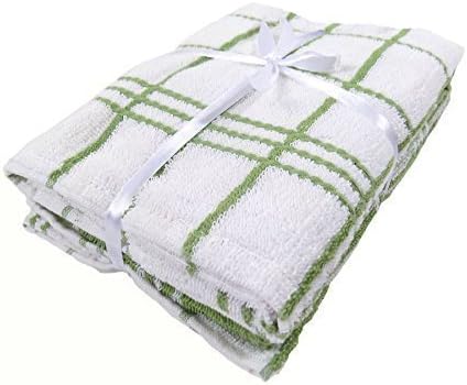 3 X 100% COTTON SOFT LARGE TEA TOWELS CHECK GREEN WHITE 40X60CM - 16"x24"
