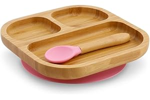 GREENBOX Bambus-Teller-Set quadratisch I Saugnapf-Teller mit Löffel - FSC-zertifiziert I süßes Bambus Holz-Schüssel-Set Kleinkind - Kinder-Teller & Snack-Schale I Baby Bambus-Geschirr eckig pink