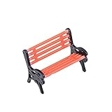 Este modelo de banco de parque es de alta simulación diseñado y fabricado, con asiento de banco naranja y respaldo y brazos negros.