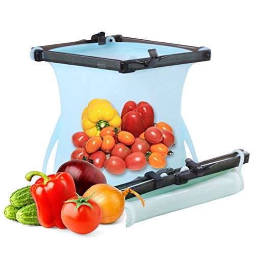 Bamyko Wiederverwendbare Silikon-Aufbewahrungsbeutel, auslaufsicher, luftdicht, für Sandwich, Mittagessen, Snack, Obst, Flüssigkeiten, einfach zu schließen, 2er-Set (blau + grün)