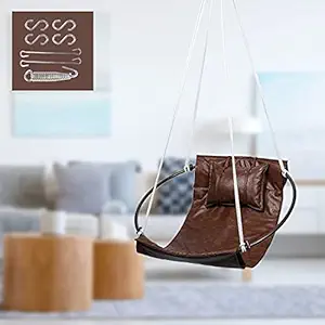 Swingzy Make in India Sling Hanging Chair Swing for Adults/Circular Iron Frame with Single Leather Seat & Comfortable Head Cushion/Sling Swing Chair for Indoor/Outdoor,Home/Accessories Included(Brown)
