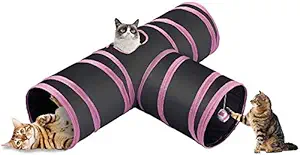 Western Era Cat Tunnel Toy 3 Way Collapsible for Indoor & Outdoor Play with Hanging Toy Ball for Cat, Puppy, Kitty, Kitten (Pink)