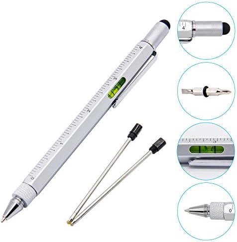 Tech Tool Pen WOCLHJ 6In1 Multifunction Tool with ruler, Spirit Level, Ballpoint Pen, Stylus, Flat-head and Phillips Screwdriver for Mens Gift (Silver, 6 in 1)