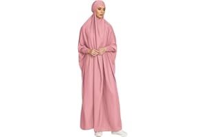 OBEEII Robe de Prière Musulmane de Couleur Unie en Satin pour Femmes, Robe de Musulmane Pleine Longueur Robe de Islamique Dubai Arabe Moyen-Orient Ramadan avec Hijab