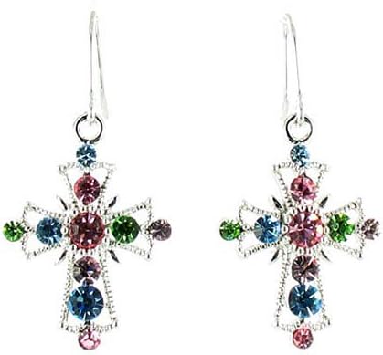 Multi-Coloured on Silver Plated Crystal Cross Earrings
