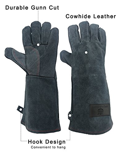 OZERO Schweißhandschuhe, Perfekt für Barbecue Schweisser Mig Kamin Kaminofen Pot-Halter Gartenarbeit – Baumwolle Futter mit 14 inch extralange Hülse Hitzebeständige BBQ Leder Handschuhe Grillgloves - 4