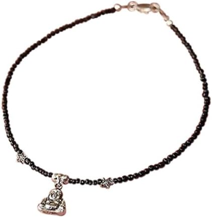 Black Beaded Anklet Tibetan Silver Buddha/Buddah/Buddhist Charm & Stars-Cute : 10-10.5 inches but can be Made to Measure Black/Silver