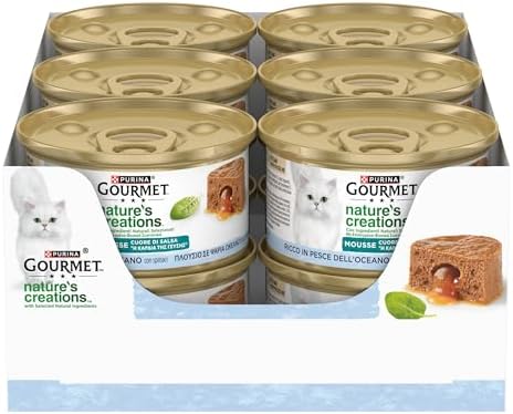 GOURMET NATURE'S CREATIONS Cuore di Salsa Cibo Umido per Gatti Adulti Mousse con Pesce dell'Oceano guarnita con Spinaci 12 lattine da 85g