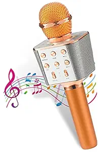 Pick Ur Needs Karaoke Duplex Bluetooth Mic Wireless Bluetooth Microphone Connection Player Speaker 2-in-1 with Recording + USB + FM Microphone Karaoke Mic (Copper)