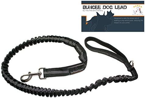 The Petcare FactoryPremium Bungee Dog Lead Dual Handled Bungee Shock Absorbing Lead (Black) - Tough Waterproof Nylon Webbing With Reflective Stitching - Dual Handles for Normal & Close Control