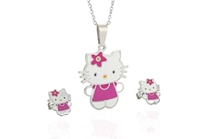 HNTR Kitty Necklace & Earrings Set with Gift Box - Stainless Hypoallergenic Jewellery