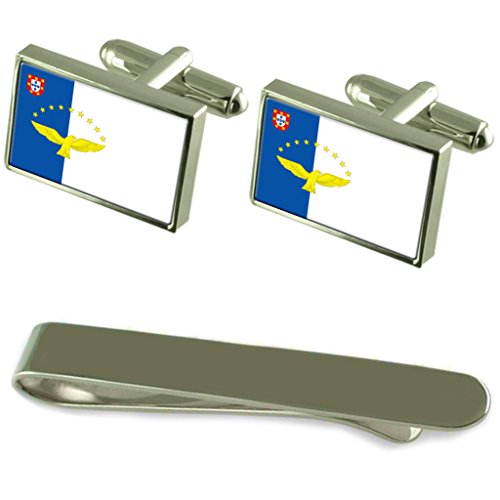 Preisvergleich Produktbild Die Azoren Flagge Silber Manschettenknöpfe Krawatten Geschenkset mit Gravur