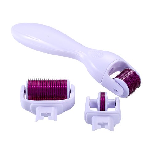 3 in 1 Micro Needle Derma Roller Kit with 3 Detachable Roller Heads(0.5mm/180 Needles, 1.0mm/600 Needles, 1.5mm/1200 Needles, Made of Medical Steel for Eyes, Face and Body) and 1 Handle - Wonderful for fine lines, acne marks, wrinkles, scars, stretch marks, cellulites, eye bags, dark spots, blemishes, saggy skin ,body and other skin problems - 100% Satisfaction Guarantee or Money Back- White Handle & Purple Roller
