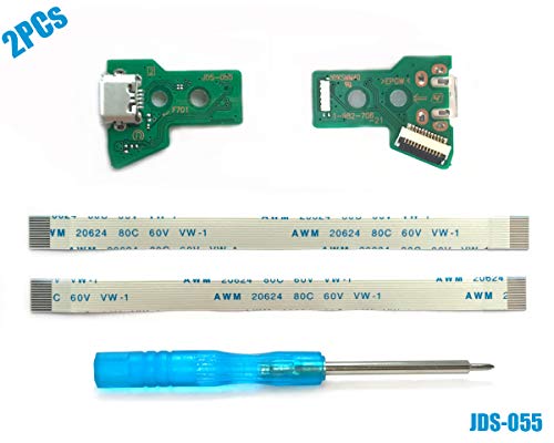 2PCs JDS-055 Tarjeta de Puerto de Carga Micro USB para Mando PS4, Replacement Placa de Conectores de Carga Adaptador con Flex Cable para Controlador Playstation DualShock 4