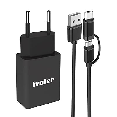 iVoler Extra Mini Chargeur USB Secteur 12W/2.4A avec 2 en 1 Câble Micro USB & Type C (1m), Universel Secteur Mural pour Samsung Galaxy S9 / S9+ / S8 / S8+ / S7 / S7 Edge / S6 Edge/S6 Edge+, iPhone, Huawei, ASUS, LG, Wiko, Motorola, LE PLUS COURT ET PETIT