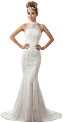 Dearta Women's Mermaid High Neck Court Train Lace Wedding Dress UK 10 White
