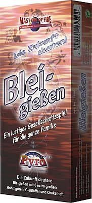 Bleigießen, 6 Hohlfiguren mit Gießlöffel und Orakelheft.