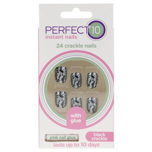 Perfect 10 Instant Nails Crackle Effect - 24 Nails With Glue (Black Crackle)