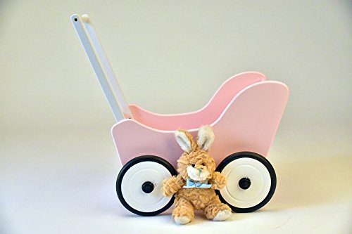 SchwabenKids® Puppenwagen rosa mit TEXTIL + Bremse Lauflernwagen Lauflernhilfe Holz Gehfrei Bremse Clip Räder Holzpuppenwagen - 3