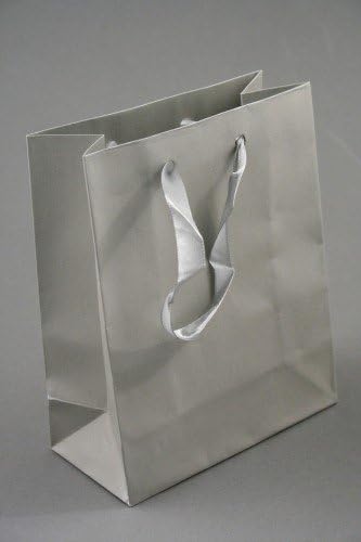 Metallic Silver Grey Gift Bag with Ribbon Handle. 12 Pieces