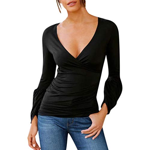 Preisvergleich Produktbild JUSTSELL New Arrivial Herbst Langarmshirts Damen,Frauen V-Ausschnitt Tunika Tops Rüschenärme Langarm Damentops Falten Bluse Slim Hüftslip Oberteile