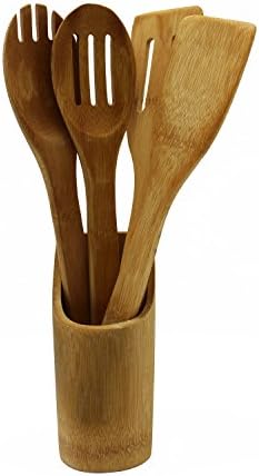 Bamboo Kitchenware 4 Pieces with Bamboo Handles, Accessories Cooking Utensils, Low Heat Resistance, Easy to Grip Handles, Non-Stick Cooking Spatulas, Baking Ware Set, Serving Tongs, Pasta Server