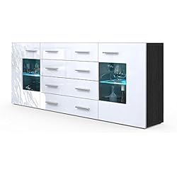 Vladon Buffet Dressoir Grömitz V2, Corps en Noir Mat/Façades en Blanc Haute Brillance