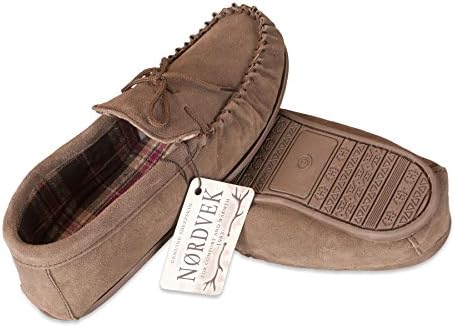 Nordvek Mens Sheepskin Suede Moccasin Slippers With Patterned Lining Non-Slip Hard Sole # 424-100