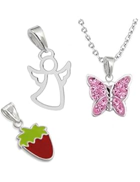 3 x ANHÄNGER + 1 x KETTE 925 Sterling Silber Mädchen Damen SET Engel Erdbeere Schmetterling