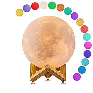 GLIVE (LABEL) 3D Moon Night Light Lunar LED Moon Lamp 16 Changing Color Remote Control for Home Decor and Gifts- 15cm with Wooden Stand and Remote - 16 Color - 14 cm Diameter