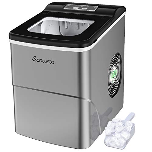 Sancusto® - Máquina de hielo, Máquina de Hacer Hielo, Cubitera automática, Fabricadora de Cubitos (130W, 12 kg/24 h, 2L tanque de agua, 2 tamaños de hielos, 9 hielos/vez, 40db, Acero Inoxidable)