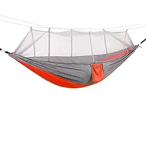 IRIS Camping Hammock with Mosquito Net, 2 Person Ultralight Portable Windproof, Anti-Mosquito, Swing Sleeping Hammock Bed with Net for Outdoor, Hiking, Backpacking, Travel,etc (Grey+Orange)