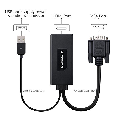 VGA auf HDMI, VicTsing VGA zu HDMI Konverter Adapter Audio Übertragung 1080P Full HD mit USB Stromversorgung unterstützt für TV, Computer, Projektor, Laptop, DVD, AV – Schwarz - 3