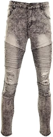 Fuchia boutique Men’s Super Skinny Fit Multi Ripped Biker Style Acid Wash Jeans Slim Legs Grey 28R 30R 32R 34R 36R (28R, Grey)