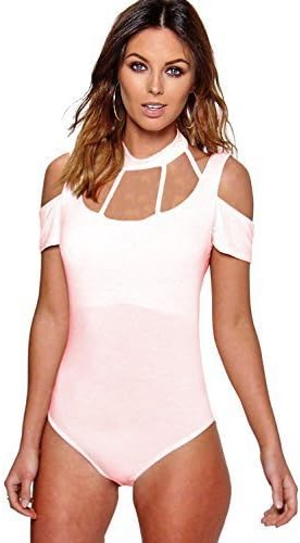 FASHIONCHIC Womens Ladies caged chocker neck body suit Shoulder Cut Chocker Bodysuit Leotard T-Shirt Tops (UK SIZE M/L(12-14), NUDE)
