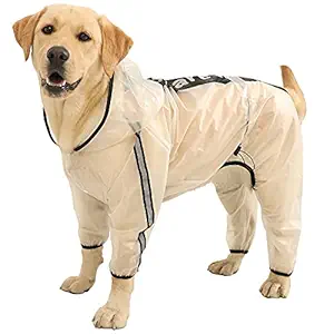 Olsa Dog Raincoat, Dog Hooded Slicker Poncho, 4 Legs Dog Rain Jacket with Reflective Stripe, Transparent Water Proof Resistant Dog Rain Snow Clothes for Small Medium Large Dogs