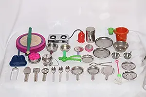 Tirtha Enterprises Miniature Kitchen Set , Mini Stainless Steel Utensils , Real Cooking Kit for Play , Steel Kitchen Set for Girls , Choppu Jaman , Miniature Cooking Set for Kids 36pcs