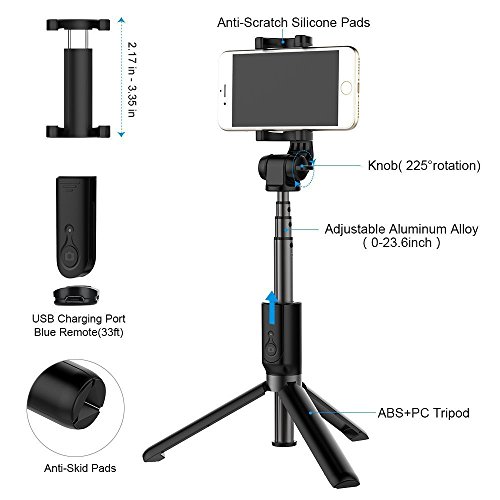 Bovon Perche Selfie Bluetooth Selfie Stick Tr  pied Monopode avec T  l  commande Rechargeable  B  ton R  glable T  lescopique  Support T  l  phone pour iPhone X 8 7 7 Plus 6S 6  Samsung  Sony  etc  Noir 