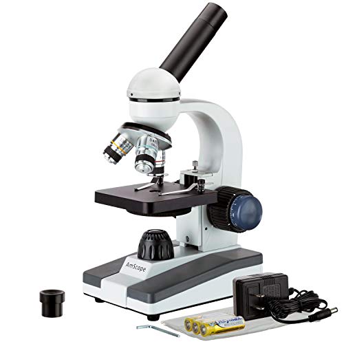 - Microscopio de AmScope, M150C-I 40X-1000X, de metal, con lentes de vidrio óptico e iluminación LED sin cable, para compuestos biológicos, para estudiantes
