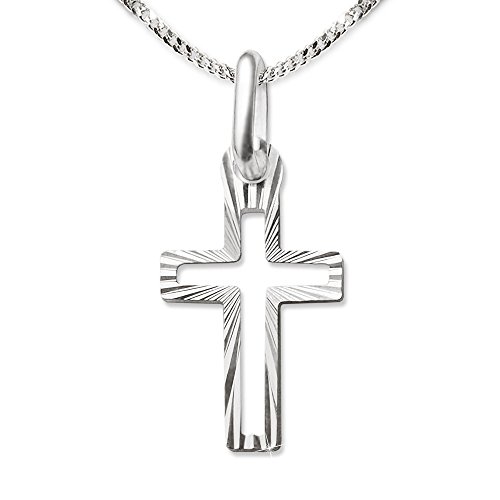 CLEVER SCHMUCK Kinder Kreuzkette Mini Kreuz 16 mm innen offen strahlenförmig diamantiert Kette Panzer 40 cm 925 Sterling Silber im Kreuzetui