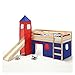 Produktbild Spielbett Rutschbett Hochbett mit Rutsche BENNY, Kiefer massiv, natur Turm+Vorhang in blau/rot 90 x 200 cm (B x L)